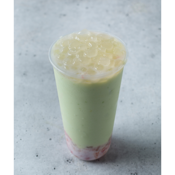 One clear glass filled with taro puree, matcha milk tea and SAC's Crystal Boba (Original)