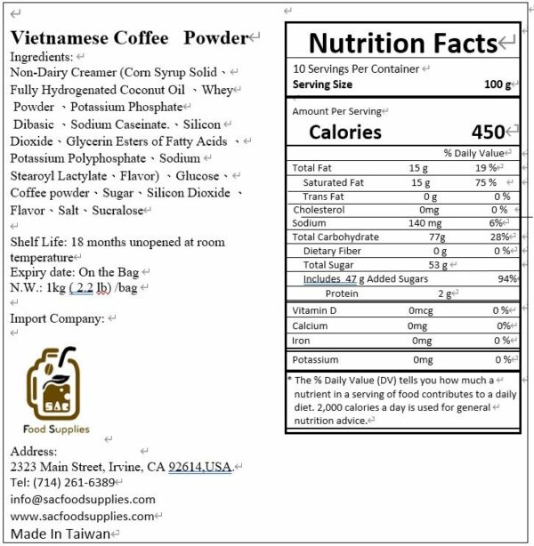vietnamese coffee powder ingredients