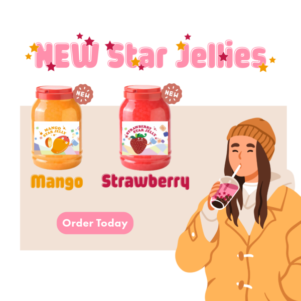NEW Star Jellies sign above two jelly jars: mango and strawberry. Order Now button by a girl drinking bubble tea with red star jellies.