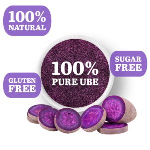 A wooden bowl filled with vibrant purple ube powder, surrounded by fresh sliced purple yams. Bold labels highlight key product benefits: "100% Natural," "Gluten Free," and "Sugar Free."